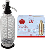 iSi Classic Steel Mesh SodaMaker Bottle (1 Quart) with CO2 Soda Siphon Chargers (10-Pack) Bundle - For making sparkling water beverages