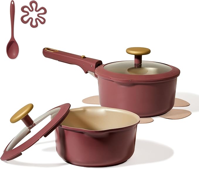 CAROTE 2.0Qt & 3.0Qt Titanium Nonstick Reinforced Sauce Pan Sets with Lid, Non-Stick Saucepans Cookware Set with Pour Spout with Detachable Handle, PFOS, PFOA Free, Induction Comptable, Burgundy