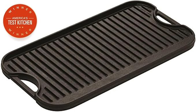 Lodge Pro-Grid Reversible Grill/Griddle - Dual-Sided Cast Iron Griddle - Double Burner Grill - Even Heat Distribution - PFAS-Free Non-Toxic Cookware - 20 Inches x 10.5 Inches
