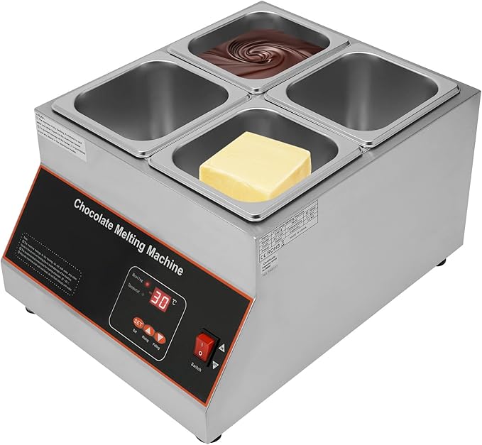 Chocolate Melting Pot, 500W 12kg/26.5lbs Electric Chocolate Tempering Machine, Stainless Steel Commercial Chocolate Melter Food Warmer for Catering Restaurant, 4 Tanks, 32-203°F