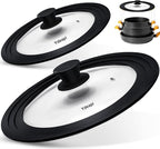 Ydeapi Universal Lids for Pots, Pans & Skillets - Fits 7", 8" & 9" Diameter, 10", 11" & 12" Diameter Cookware, Tempered Glass with High Heat Resistant Silicone Rim (2PK)