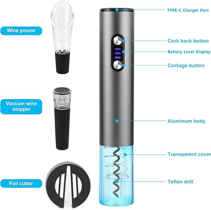 Electric Wine Opener Wine Gifts Bottle Openers Kit with Foil Cutter, Wine Aerator Pourer, Vacuum Stopper USB C Rechargeable Cordless Electric Wine Corkscrew Gift Set