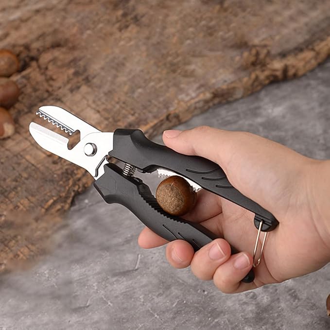 Heavy Duty Walnut Cracker and Chestnut Opener Tool, Black Metal Nutcracker with Portable Sheller Function for Hazelnut and Pistachio Peeling, Kitchen Specialty Gadget for Home Use