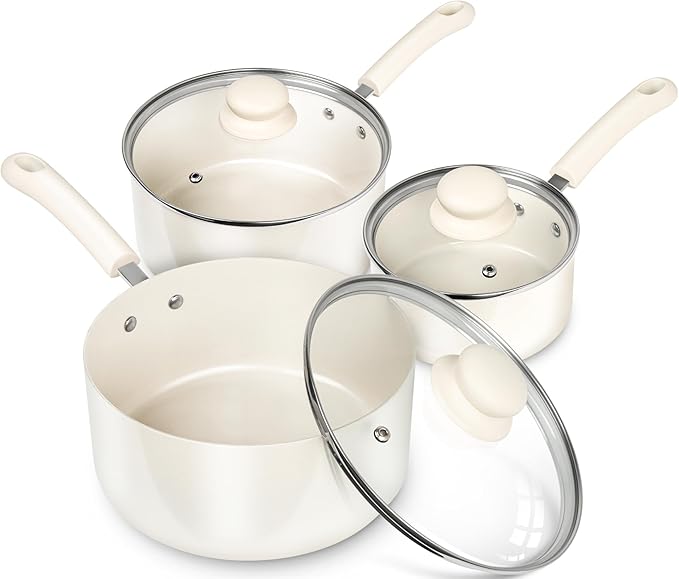 MICHELANGELO Nonstick Saucepan with Lid, Ceramic Sauce Pan Sets, Easy to Clean Sauce Pans, Multi-Purpose Cooking Pots, 1QT & 2QT & 3QT, White