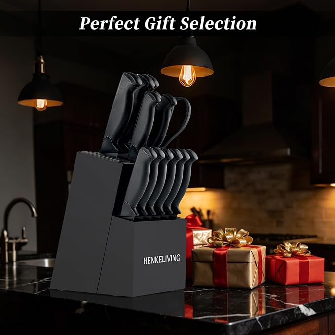 Knife Set, 14-Piece Kitchen Knives Set with Block, Built-in Sharpener, German High Carbon Stainless Steel, Ergonomic Non-Slip Handles, Black