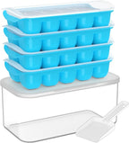 DOQAUS Ice Cube Tray with Lid and Bin - 4 Pack Ice Bucket Kits, Stackable Silicone Ice Trays for Freezer, Easy Pop Out, BPA Free for Cocktail, Coffee, Soup, Food, RV, Kitchen