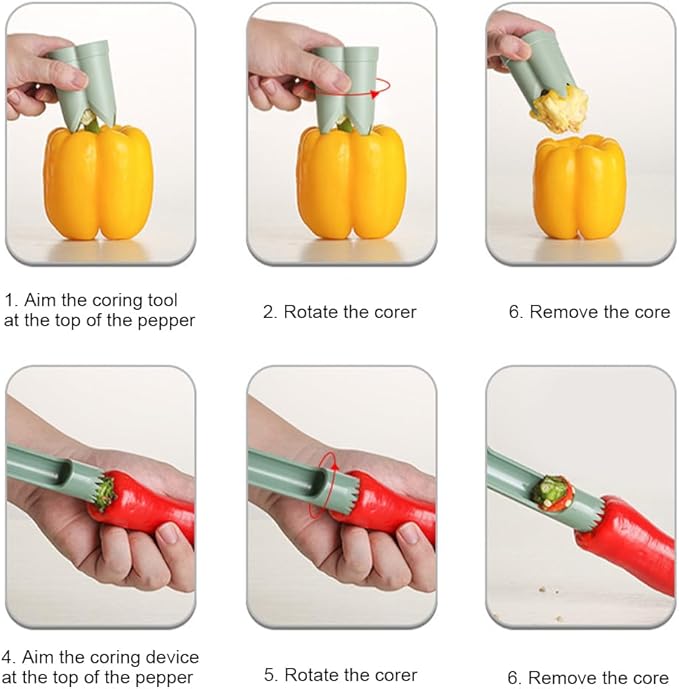 Pepper Corer Remover,2 in 1 Fruit and Vegetable Core Tool Quickly Cutting Remove Pepper Cutter for Kitchen Family Camping BBQ(COLOR:Green)