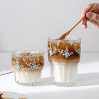 Set of 2 Floral Drinking Glasses Flower Glass Coffee Cups Cute Lily of the Valley Glass Cups for Juice,Iced Coffee,Milk,Tea,Dessert,Latte,Stackable Flower Glassware Drinkware Set(green)