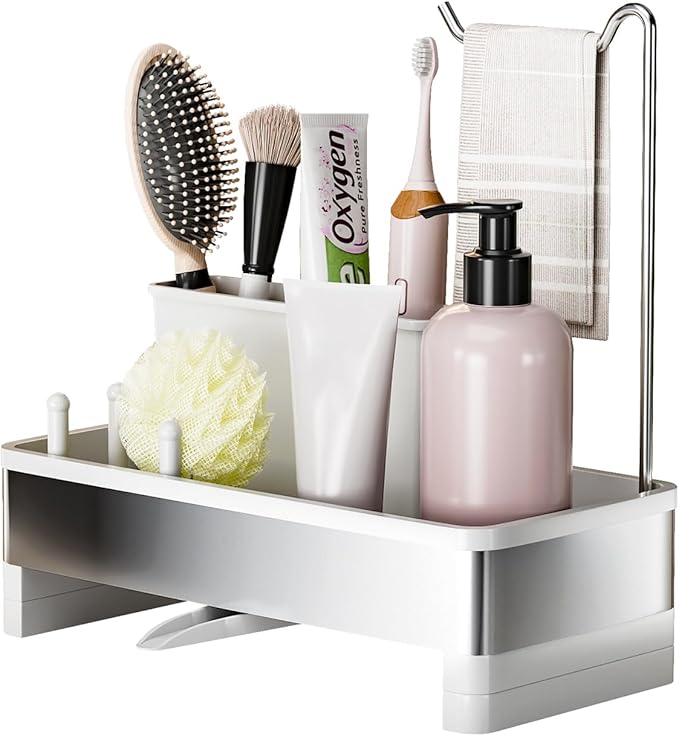 Ewaiira Stainless Steel Sink Caddy, Sponge Holder for Kitchen Sink with Brush Holder & Dishcloth Rack, Rustproof Sink Organizer Countertop, Kitchen Organizers Storage Essentials (E-White 9.8″)