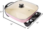 12" Ceramic Nonstick Electric Skillet with Tempered Vented Glass Lid, Scratch-Resistant Surface, Cool-Touch Handles, Removable Easy-to-Clean Design, 1200W, Vibrant Pink