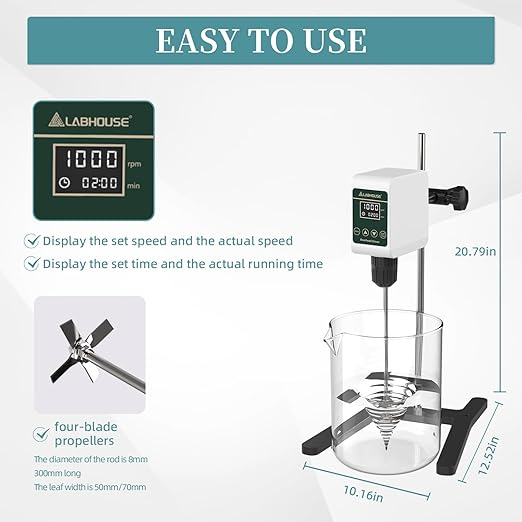 OS-5S Digital Overhead Stirrer 10L(H₂O) Lab Stirrer H-Base Stainless Steel Stand & 1 Stirring Paddle | 100-1200RPM,10000 mPas,Timing 1min-24h