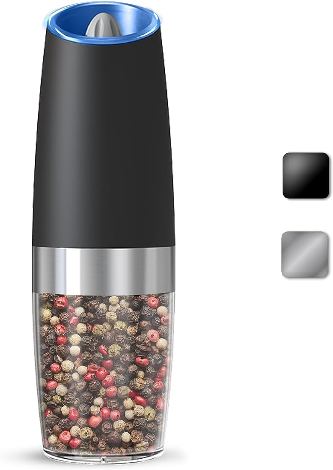 Gravity Electric Salt And Pepper Grinder, Automatic Salt And Pepper Grinder, Battery Powered (6 AAA Batteries Each), Adjustable Roughness, LED Light, 1 Pack, (Black)