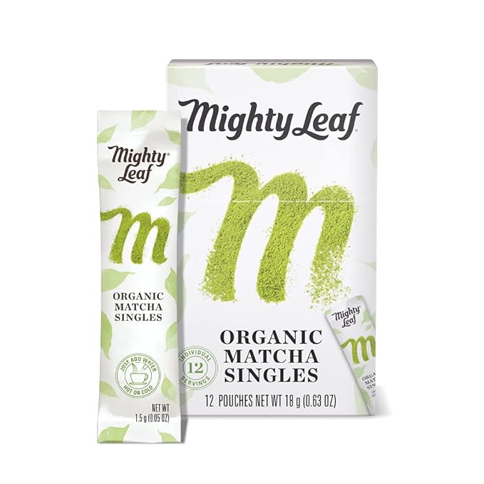 Mighty Leaf Tea, Organic Matcha Green Tea Singles - 1 Box of 12 Single Serve Packets, 100% Japanese Matcha, Unsweetened