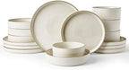Famiware Star 16-Piece Stoneware Dinnerware Sets with Trim, Service for 4 - Shallow Pasta Bowls & Flat Plates, Modern Rustic Ribbed Dishes, Chip & Scratch Resistant, Microwave & Dishwasher Safe, White