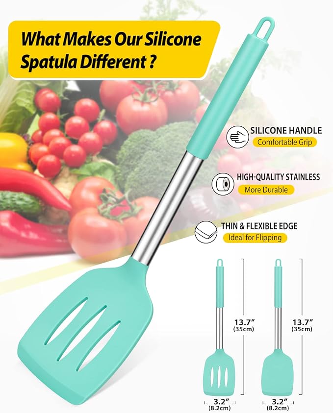 Pack of 2 Silicone Solid Turner, Non Stick Slotted Kitchen Spatulas, High Heat Resistant BPA Free Cooking Utensils, Ideal Cookware for Fish, Eggs, Pancakes(Green)