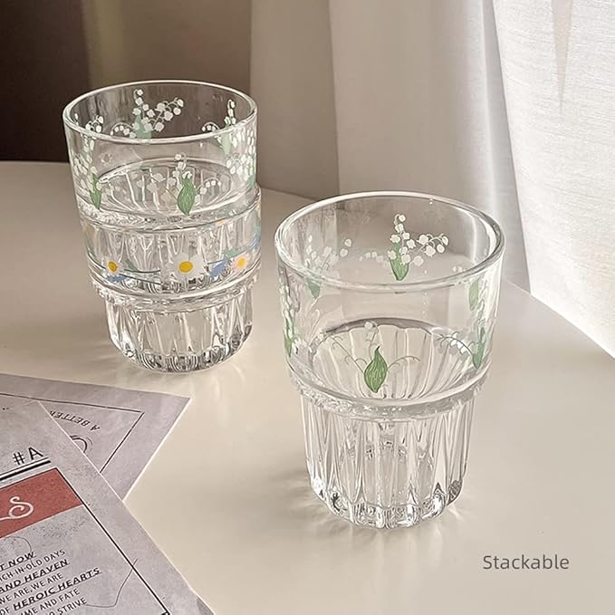 Set of 2 Floral Drinking Glasses Flower Glass Coffee Cups Cute Lily of the Valley Glass Cups for Juice,Iced Coffee,Milk,Tea,Dessert,Latte,Stackable Flower Glassware Drinkware Set(green)