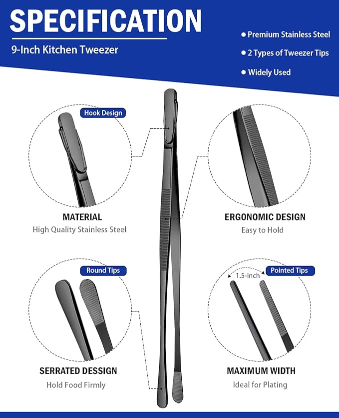 JETKONG 2 Pcs 9-Inch Food Tweezer Tongs, Stainless Steel Kitchen Tweezer Cooking Tweezers (Black)