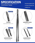 JETKONG 2 Pcs 9-Inch Food Tweezer Tongs, Stainless Steel Kitchen Tweezer Cooking Tweezers (Black)