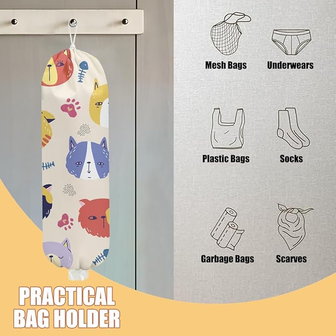 Cat Plastic Bag Holder, Wall Mount Grocery Bag Holder, Plastic Storage bag, Pull Rope Free Adjustment, Plastic Bag Holders for Grocery Bags, Plastic Bag Dispenser for Home Kitchen Camping