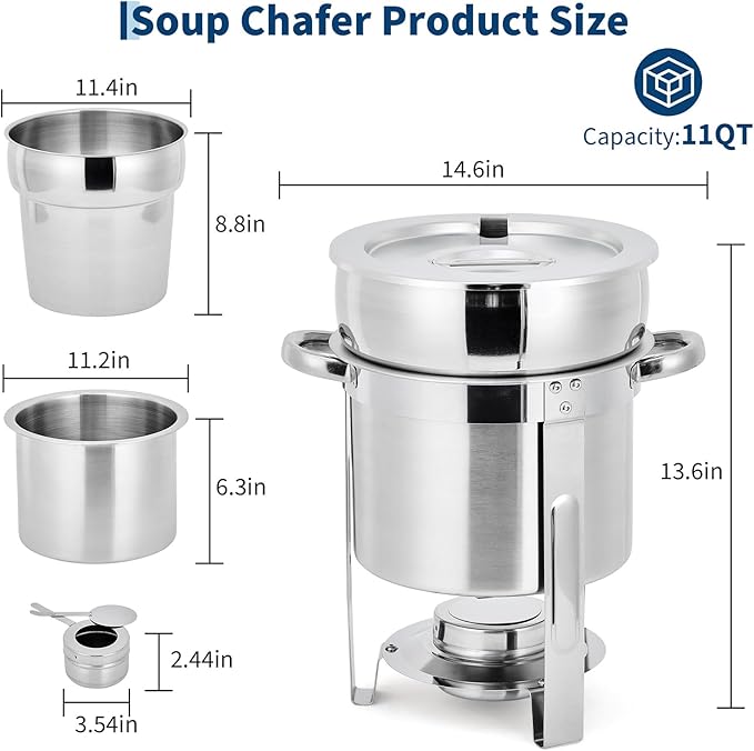 GarveeHome 11QT Soup Chafer Set of 4, Stainless Steel Round Soup Warmer with Pot, Notched Lids & Fuel Holders, Commercial Food Warmer for Buffets, Events and Party Service