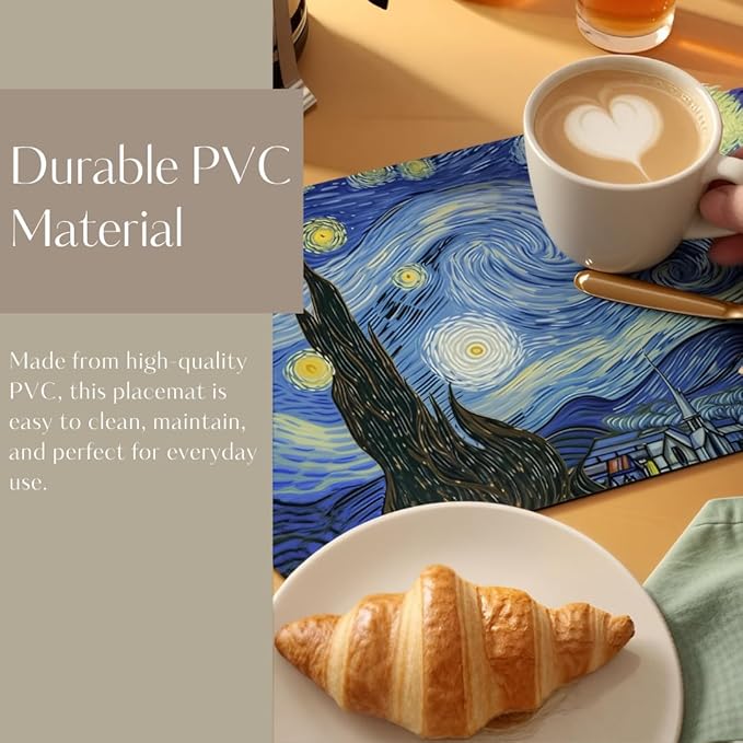 Art-Inspired Washable PVC Placemats Set of 6, Heat-Resistant Non-Slip Table Mats for Kitchen Dining Table Decor (The Starry Night)