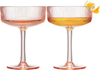 Khen Shatterproof Acrylic Ribbed Vintage Art Deco Martini, Champagne & Cocktail Coral Peach Pink Plastic Coupe Glasses | Set of 2 | 8 oz Ripple Glassware Indoor & Outdoor Gift