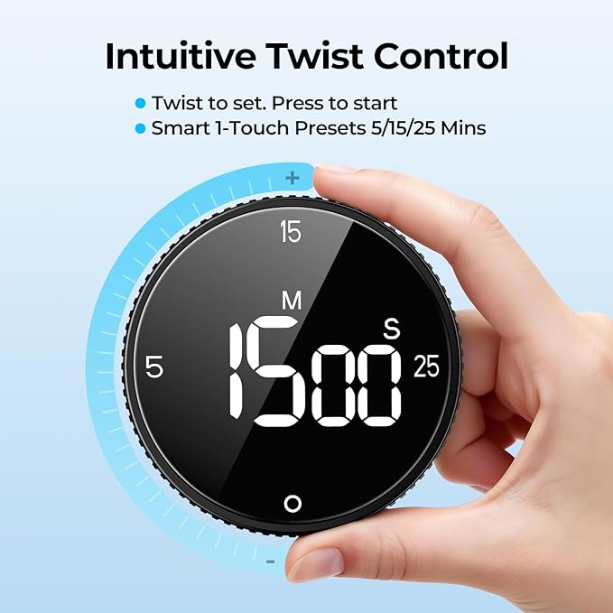 Magnetic Kitchen Timer for Cooking with Loud Alarm - Large LED Display Rotating Countdown Pomodoro Timer, Preset 5/15/25 Mins Easy for Seniors and Kids，for Baking Grilling Studying