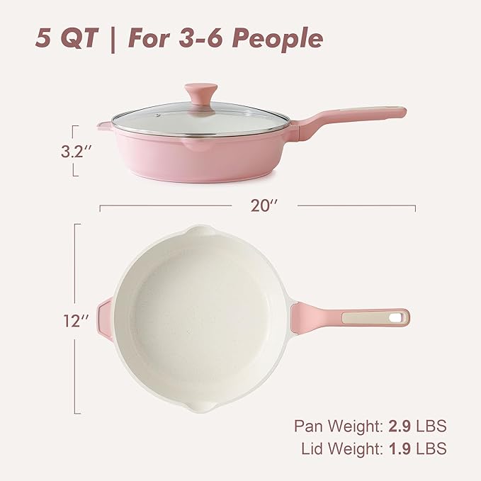 SENSARTE Nonstick Skillet with Lid 12-inch, 5QT Ceramic Deep Frying Pan, Non Toxic Saute Pan with Lid, Healthy Dishwasher Safe Cooking Pot, Induction Pan with Stay-cool Handle, Pink
