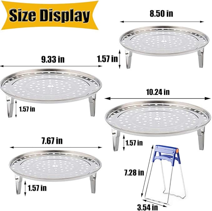 Round Stainless Steel Steamer Rack 7.6" 8.5" 9.33" 10.23" Inch Diameter Steaming Rack Stand Canner Canning Racks Stock Pot Steaming Tray Pressure Cooker Cooking Toast Bread Salad Baking (4 Pack)