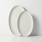 Serving Dishes, 12/14", Durable Ceramic Platters, Ribbed Rim, Oval, Microwave and Dishwasher Safe, Medium/Small, Set of 2, Powder White, Tidal Collection
