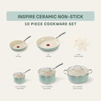 T-Fal Inspire Nonstick Ceramic Cookware Set, 10-Piece, Oven Safe to 500°F, Stockpot, Ceramic Pots and Pans Set, Frying Pans, Saucepans, Stockpot, Protectors, Mint Green