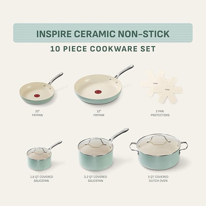 T-Fal Inspire Nonstick Ceramic Cookware Set, 10-Piece, Oven Safe to 500°F, Stockpot, Ceramic Pots and Pans Set, Frying Pans, Saucepans, Stockpot, Protectors, Mint Green
