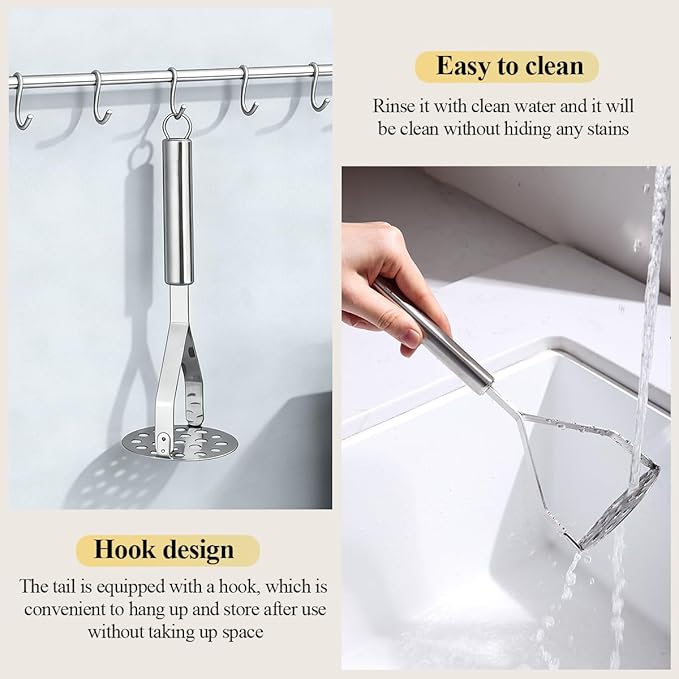 Homquen Stainless Steel Potato Masher, Sturdy Mashed Potato Masher, Potato Ricer, Masher Kitchen Tools for Vegetables&Fruit, Dishwasher Safe (9.84inch)
