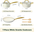 M MELENTA Pots and Pans Set Non Stick, 7 Piece White Granite Induction Cookware Set, Nonstick Kitchen Cooking Set with Gold Handle and Utensil, Oven Safe (PFOS, PFOA Free)