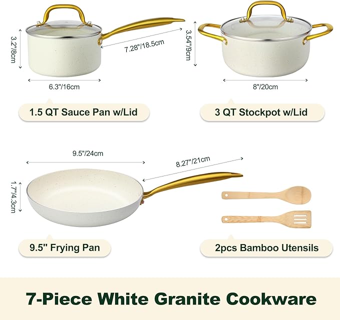 M MELENTA Pots and Pans Set Non Stick, 7 Piece White Granite Induction Cookware Set, Nonstick Kitchen Cooking Set with Gold Handle and Utensil, Oven Safe (PFOS, PFOA Free)
