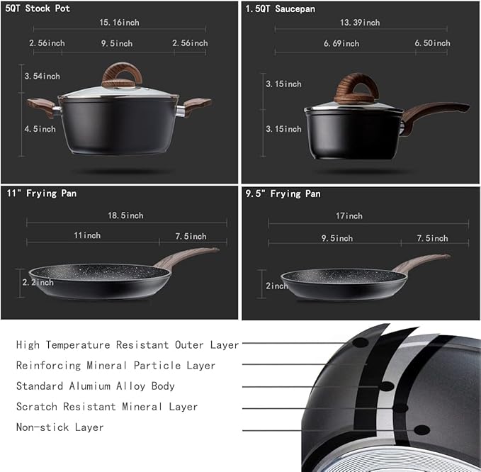 Vkoocy Pots and Pans Set Non Stick, Ceramic Cookware Set with Granite Pattern Kitchen Cooking Sets Induction Pot and Pan w/Frying Pans, Saucepans, Casserole, Non-Toxic, PTFE/PFOA/PFOS-Free, Black