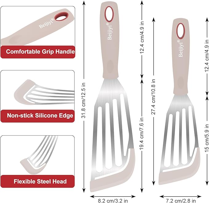 Beijiyi Silicone Fish Spatula Set, 2-Piece Heat Resistant Fish Turner Spatula for Non Stick Frying Pan, Flexible Kitchen Cooking Utensils, Slotted Egg Flipper, Large 12.3 In, Small 10.6 In, Khaki