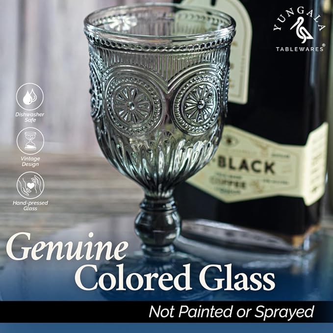 Yungala Smokey Black Wine Glasses Set of 6 Vintage Hobnail Goblets 10 oz Dishwasher Safe