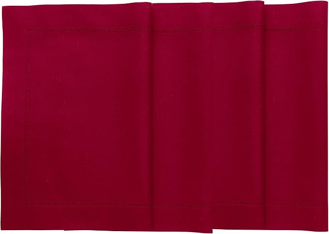 Solino Home Red Placemats Set of 4 - Cotton Linen Hemstitch Placemats 14 x 19 Inch for Winter, Valentines, Holiday, New Year