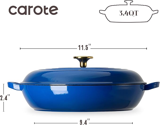 CAROTE 3.4QT Enameled Cast Iron Braiser Pan, Shallow Dutch Oven Casserole Skillets, Non-Toxic Cast Iron Pot with Lid for Grilling, Searing, Baking, Dual Handles, All Stovetop Compatible, Blue