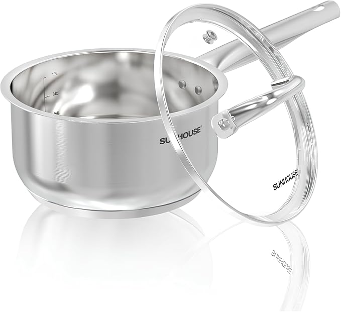 SUNHOUSE – 1.5 Quart Stainless Steel Sauce Pan with Lid - PFOA-FREE, Stainless Steel Sauce Pan, Induction base, Stay-Cool Handle, Compatible with All Cooktops Gas, Geramic, Electric etc.