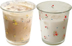 Set of 2 12 OZ French Floral Drinking Glasses Flower Glass Coffee Cup Cute Glass Cups for Iced Coffee,Tea,Juice,Latte,Milk,Dessert,Stackable Glassware Drinkware Set(red yellow)