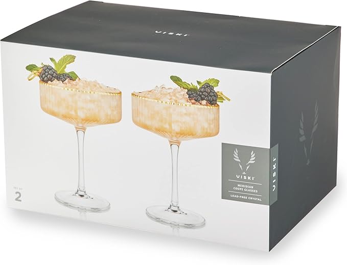 Viski Meridian Vintage Coupe Glasses, Art Deco Champagne Coupe Glassware, Gold Rimmed Stemmed Drinkware Set of 2, 11.5 oz
