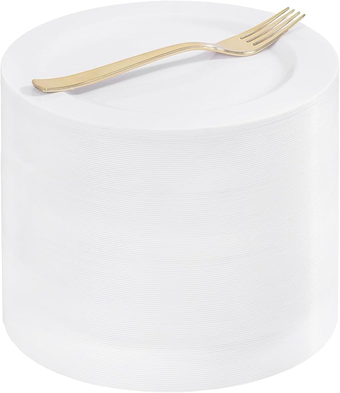 WELLIFE 100PCS White Plastic Dessert Plates and 100PCS Gold Disposable Forks, Premium Hard Dessert Plate 7.5”, Appetizer Plastic Plates for Party and Wedding