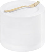WELLIFE 100PCS White Plastic Dessert Plates and 100PCS Gold Disposable Forks, Premium Hard Dessert Plate 7.5”, Appetizer Plastic Plates for Party and Wedding