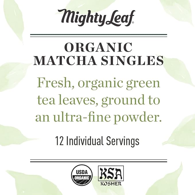 Mighty Leaf Tea, Organic Matcha Green Tea Singles - 1 Box of 12 Single Serve Packets, 100% Japanese Matcha, Unsweetened