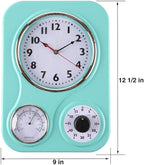 Lily's Home - 9.5 Inch x 12.5 Inch - Retro Kitchen Wall Clock, Vintage Wall Clock with a Thermometer and 60-Minute Timer, Ideal for Any Kitchen, Office, or Diner (Turquoise)