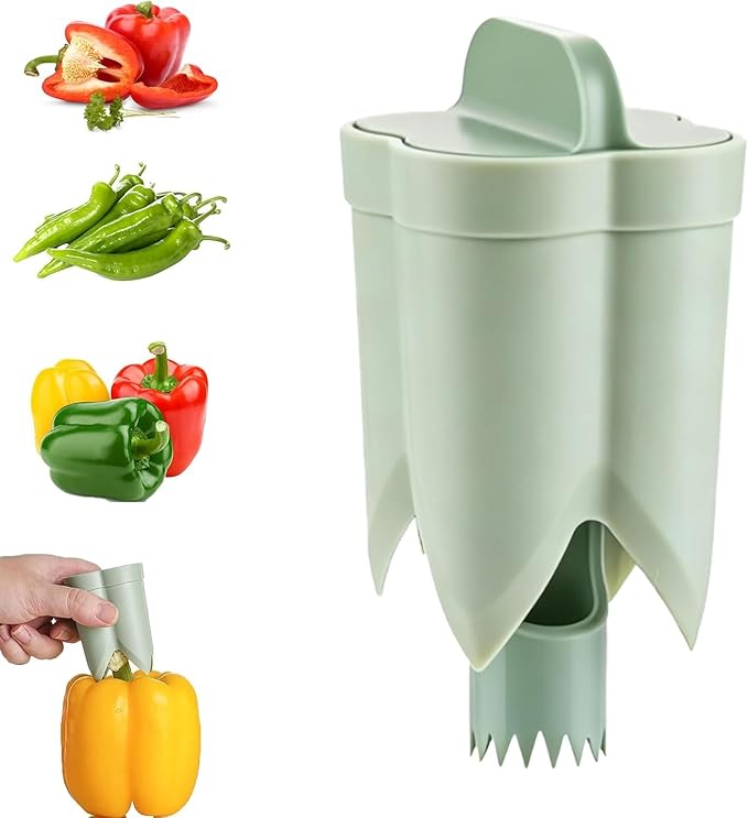 Pepper Corer Seed Remover Tool, Bell Pepper Core Cutter Deseeder, 2 in 1 Fruit & Vegetable Core Tools for Kitchen Family Camping Restaurant (Green)