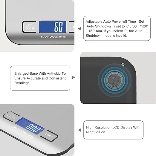 Digital Shipping Scale,Stainless Steel Panel, Accurate Portable Postal Scale for Packages, Small Business,Kitchen, Food, Handmade, Liquids, and Boutique (Silver Black Rechargeable(10kg/1g))