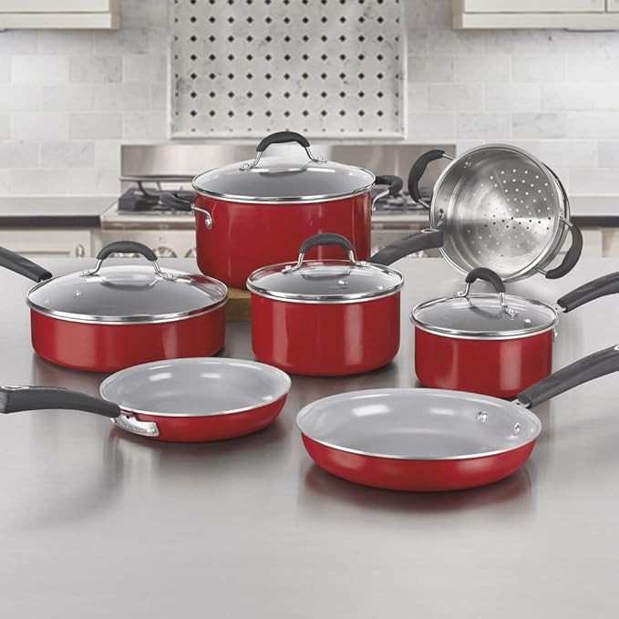 Cuisinart 54C-11R 11-Piece Ceramica XT Nonstick Cookware Set, Red/Stainless Steel